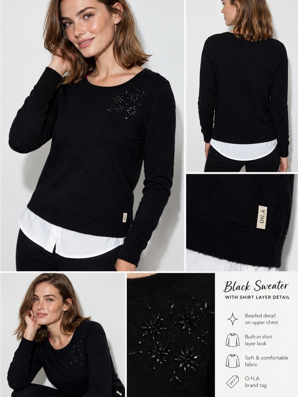 Black Beaded Layered-Look Sweater